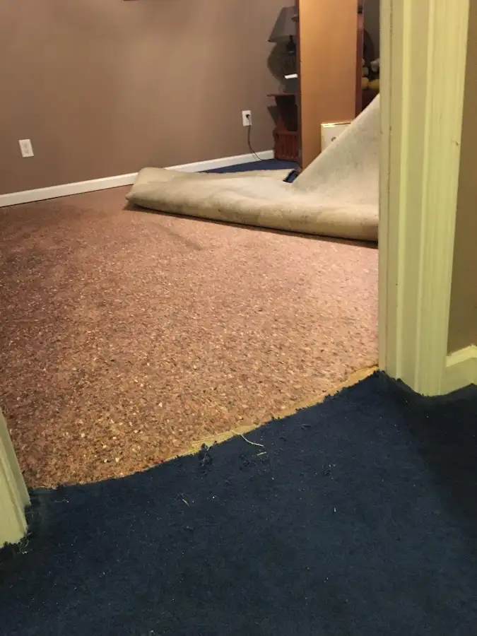 Carpet pad removal revealing water damage during Water Mitigation Services in Batesville